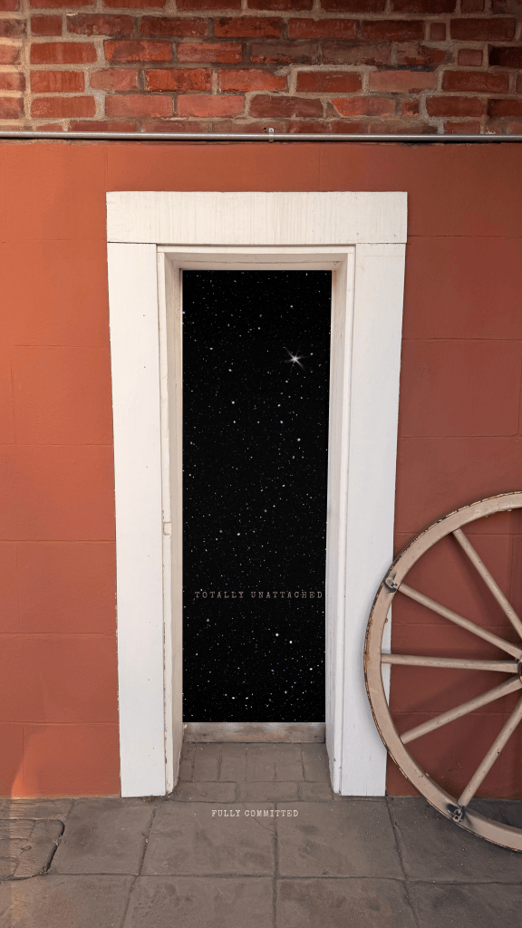 A star-filled doorway with “Fully Committed” grounded outside and “Totally Unattached” floating beyond the threshold.